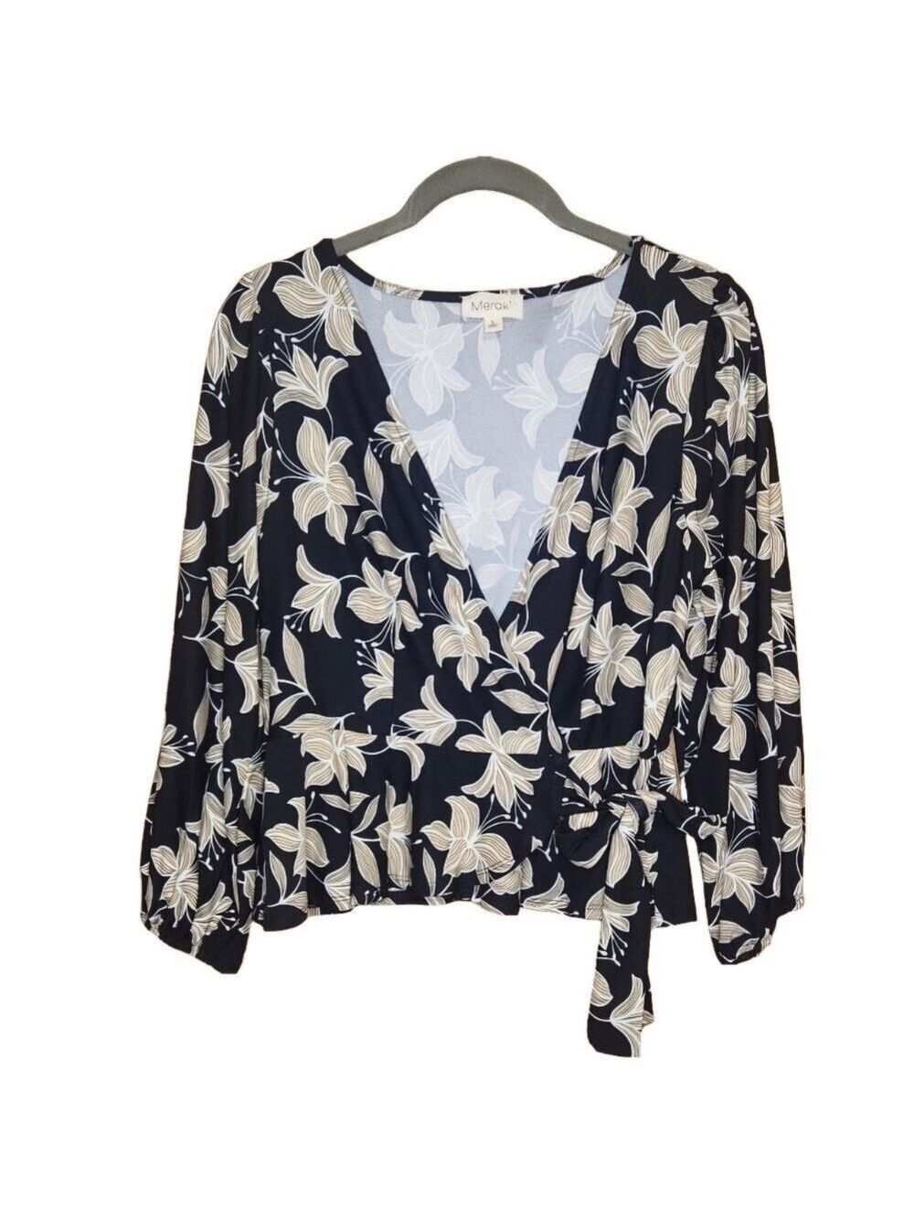 MERAKI FAUX WRAP PEPLUM SIDE TIE TOP BLOUSE BLACK FLORAL LARGE EUC